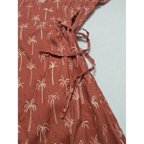 Marine Layer Hemp Burnt‎ Orange Short Sleeve Palm Tree Midi Wrap Dress Small - Picture 9 of 14